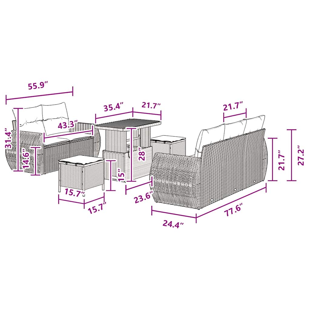 Conjunto de Sofá de Jardim com almofada 8 pcs Preto vime PE