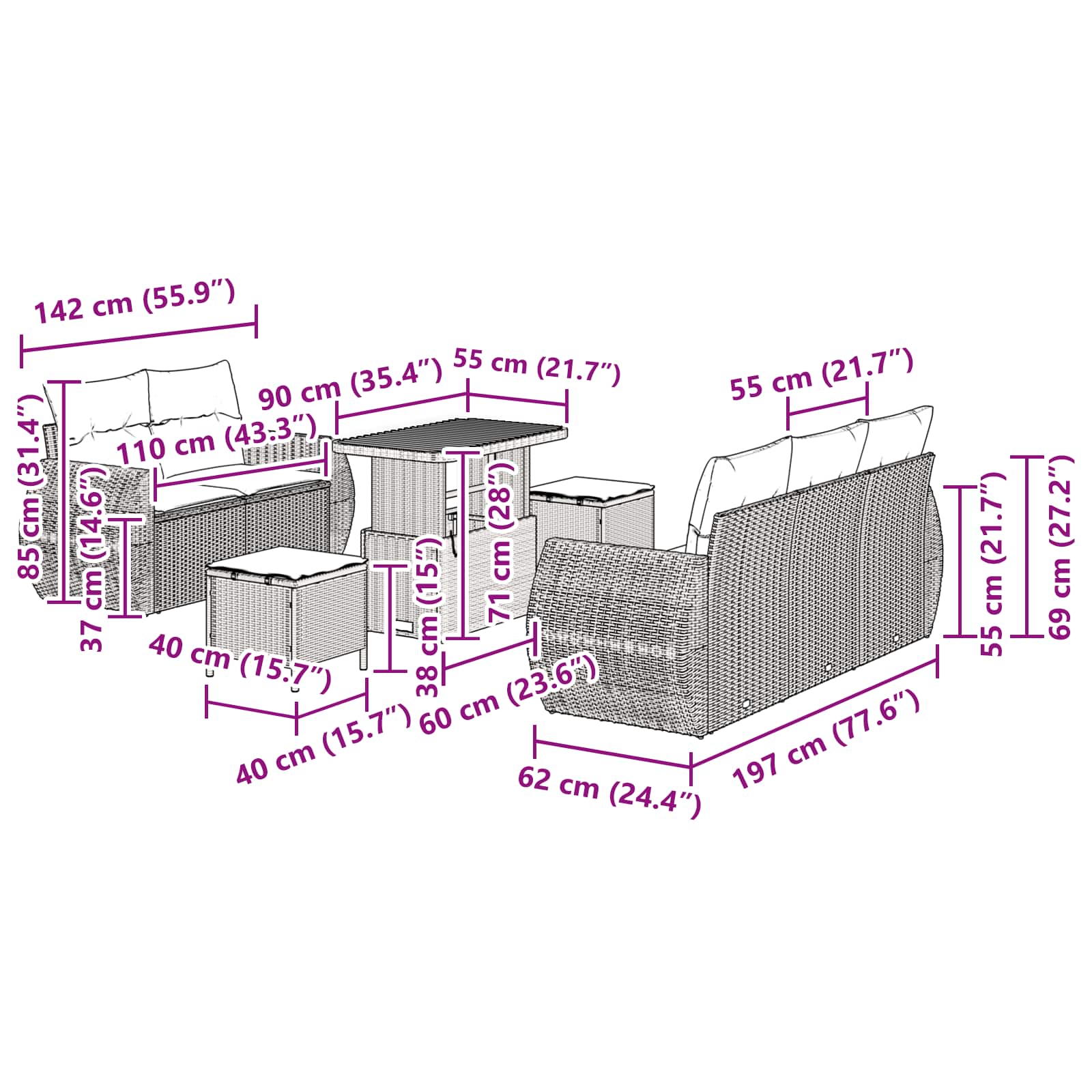 Conjunto de Sofá de Jardim com almofada 8 pcs Preto vime PE
