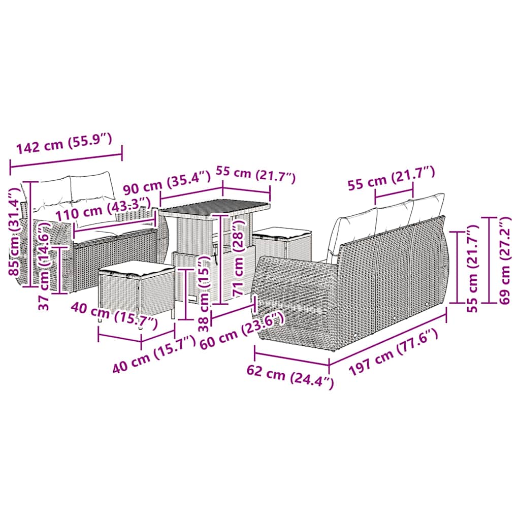 Conjunto de Sofá de Jardim 8 pcs Cinzeto vime PE