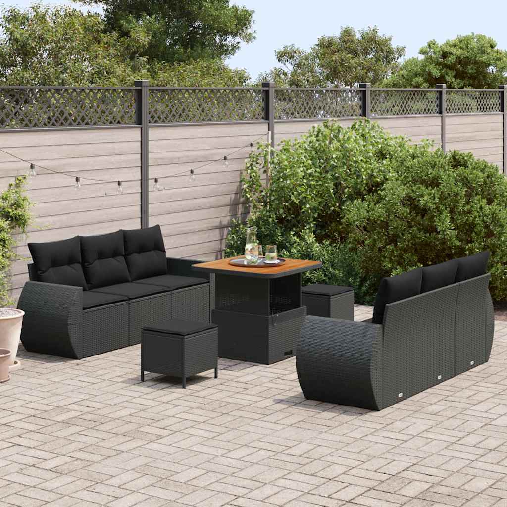 Conjunto de Sofá de Jardim com almofada 9 pcs Preto vime PE