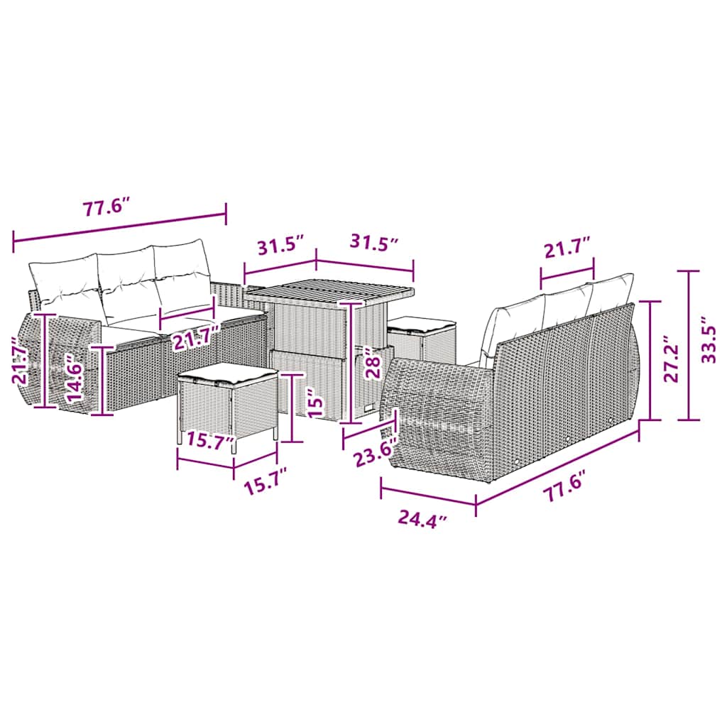 Conjunto de Sofá de Jardim com almofada 9 pcs Preto vime PE