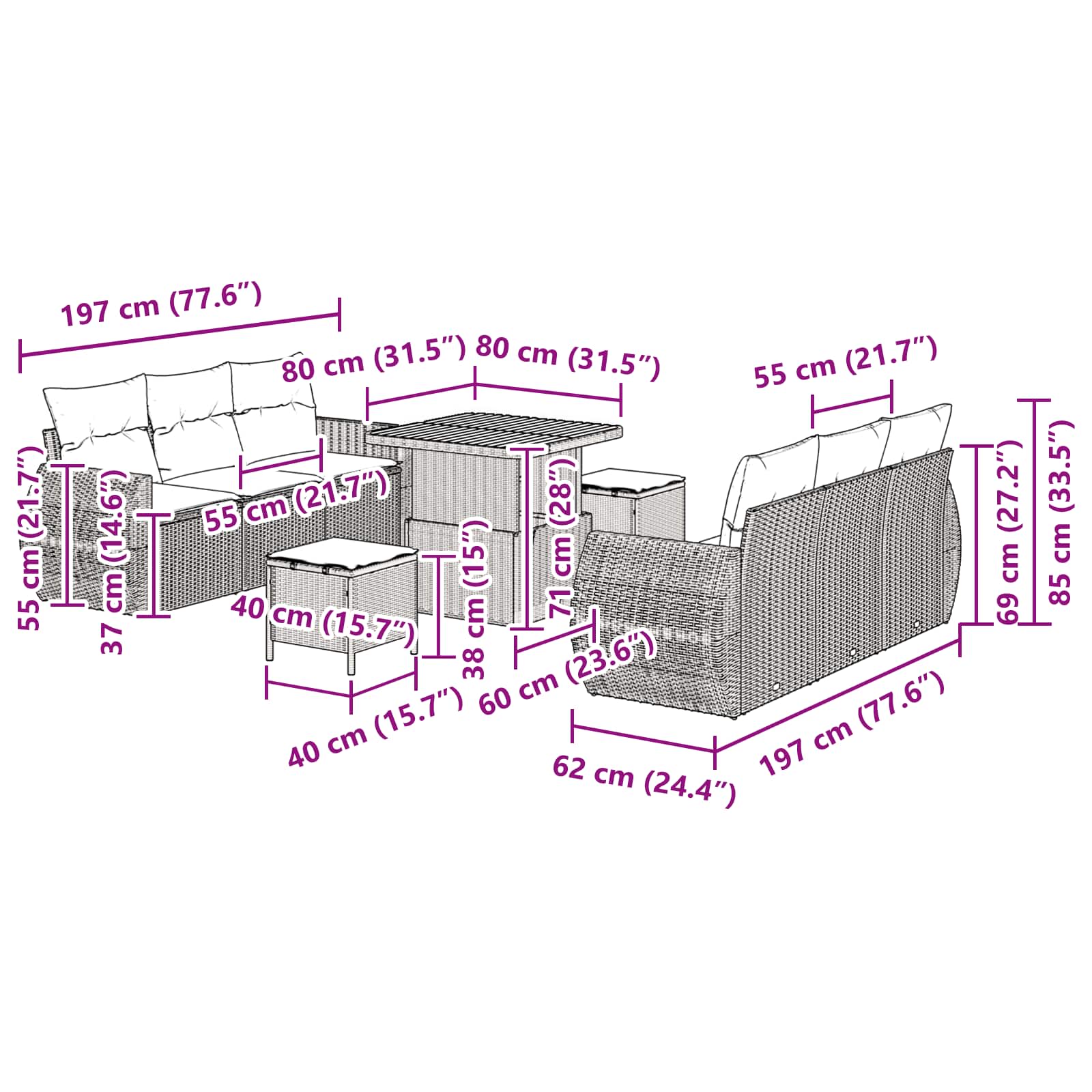 Conjunto de Sofá de Jardim com almofada 9 pcs Preto vime PE
