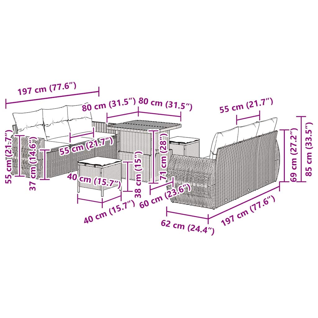 Conjunto de Sofá de Jardim 9 pcs Cinzeto vime PE