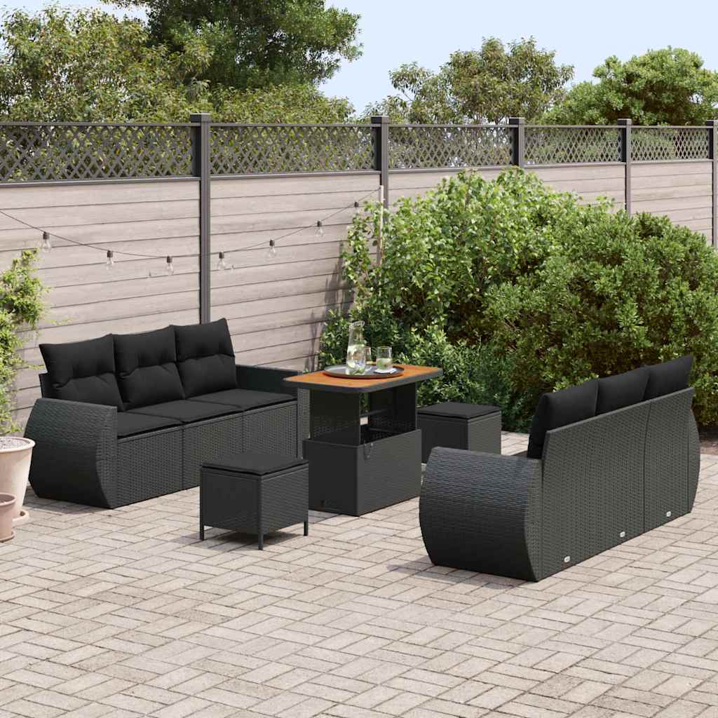 Conjunto de Sofá de Jardim com almofada 9 pcs Preto vime PE