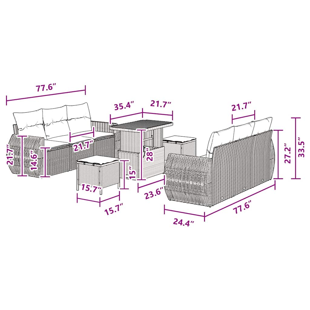 Conjunto de Sofá de Jardim com almofada 9 pcs Preto vime PE