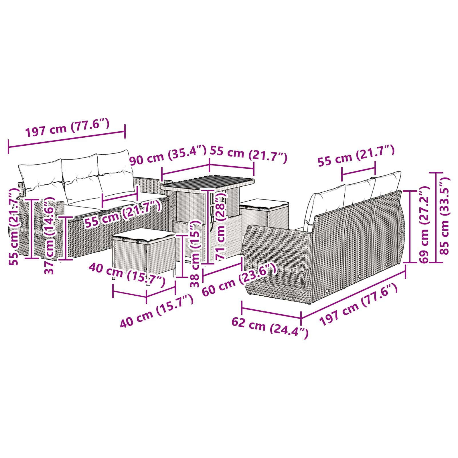 Conjunto de Sofá de Jardim com almofada 9 pcs Preto vime PE
