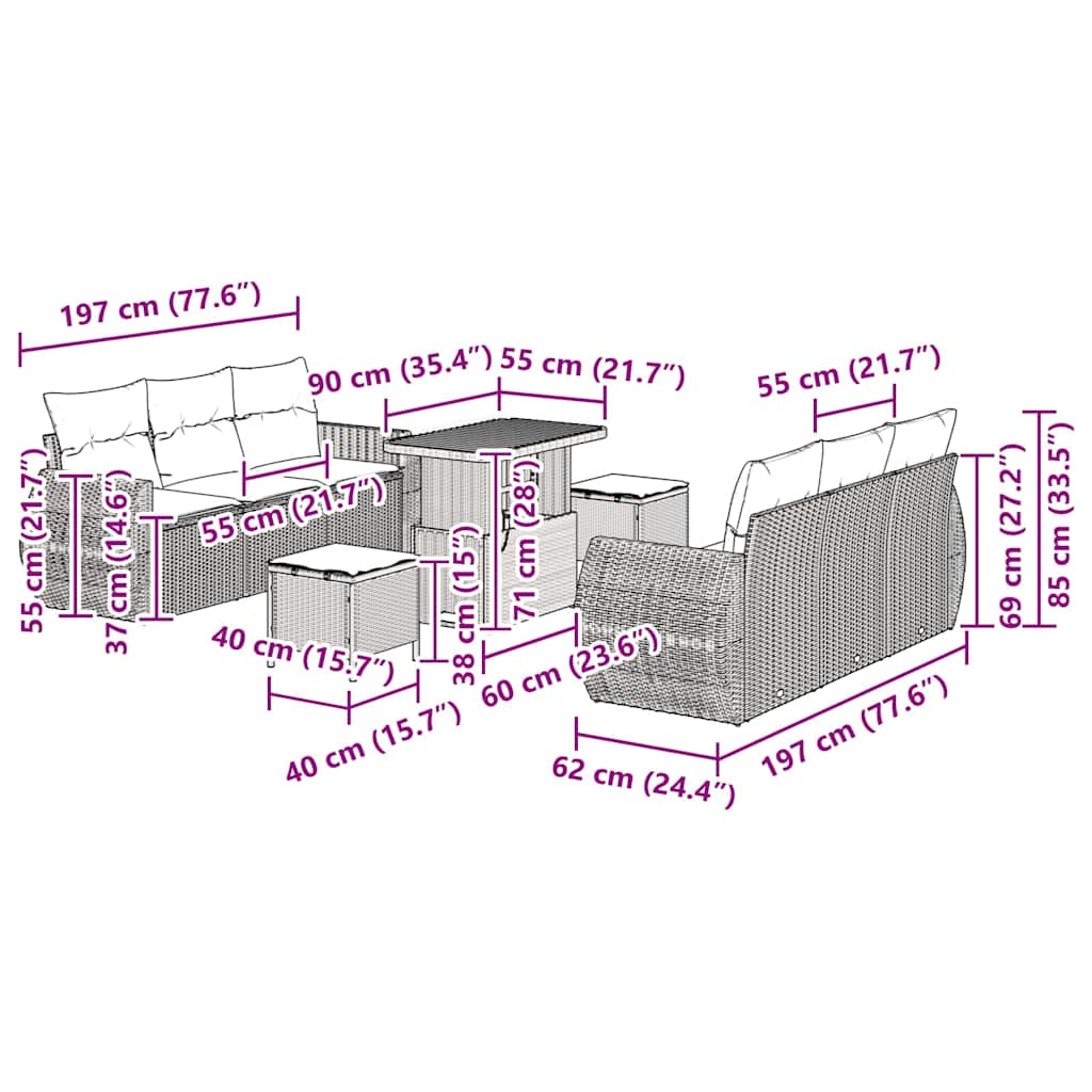 Conjunto de Sofá de Jardim 9 pcs Cinzeto vime PE
