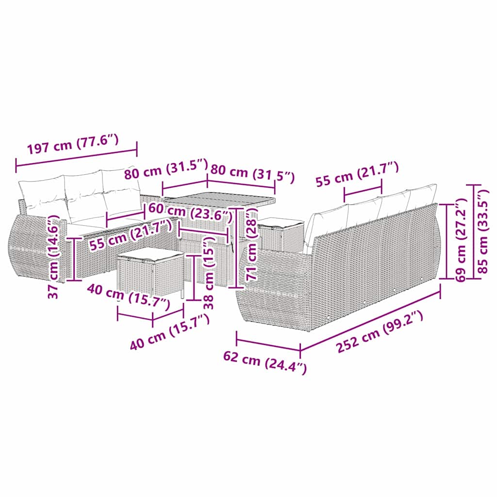 Conjunto de Sofá de Jardim 10 pcs Cinzeto vime PE