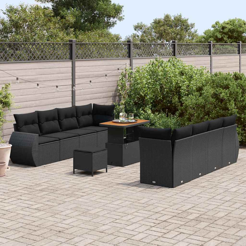 Conjunto de Sofá de Jardim com almofada 11 pcs Preto vime PE
