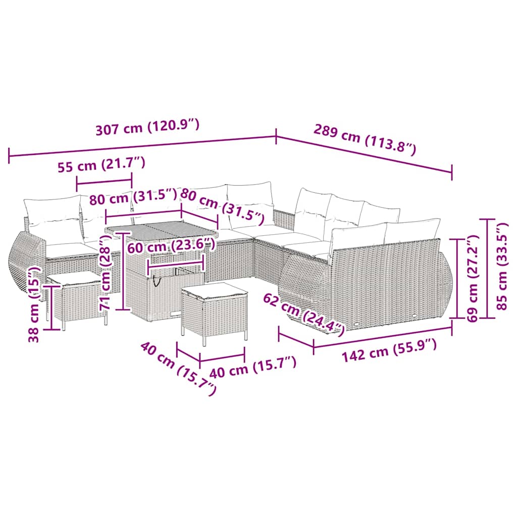 Conjunto de Sofá de Jardim 13 pcs Cinzeto vime PE