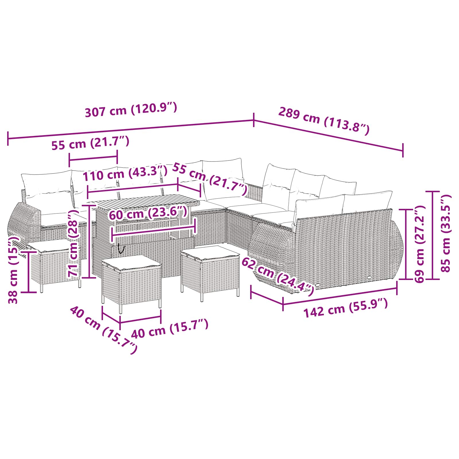 Conjunto de Sofá de Jardim 14 pcs Preto vime PE