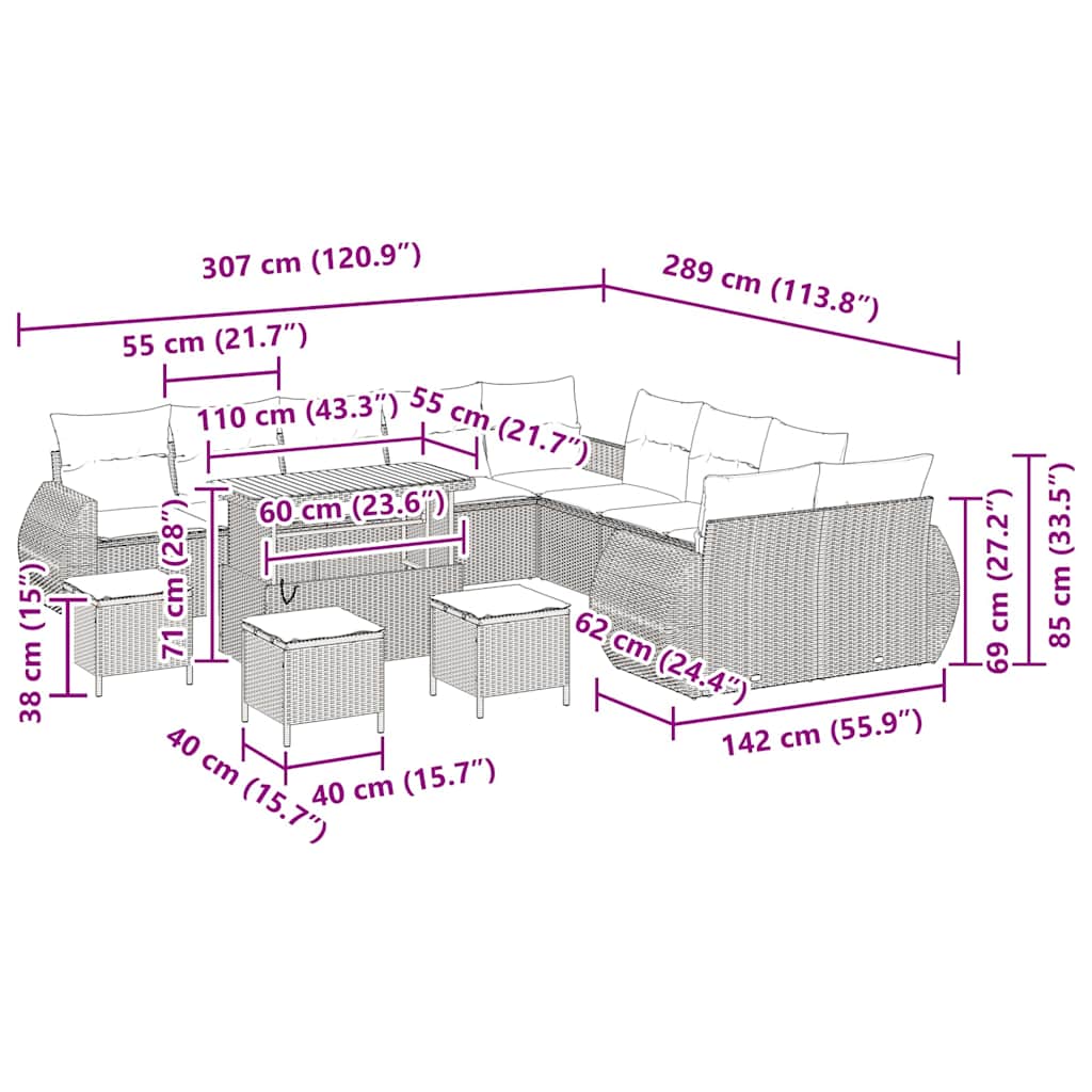 Conjunto de Sofá de Jardim 14 pcs Preto vime PE