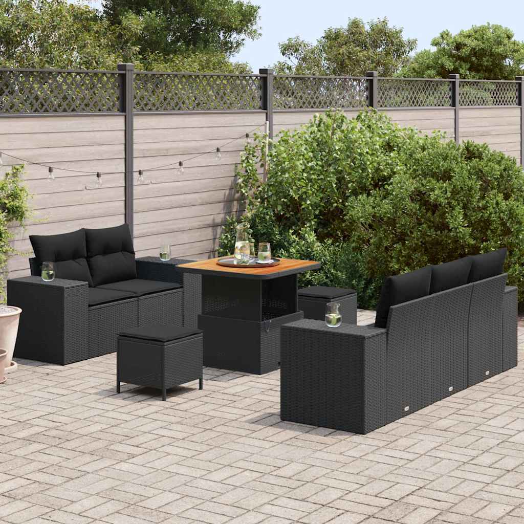 Conjunto de Sofá de Jardim com almofada 8 pcs Preto vime PE