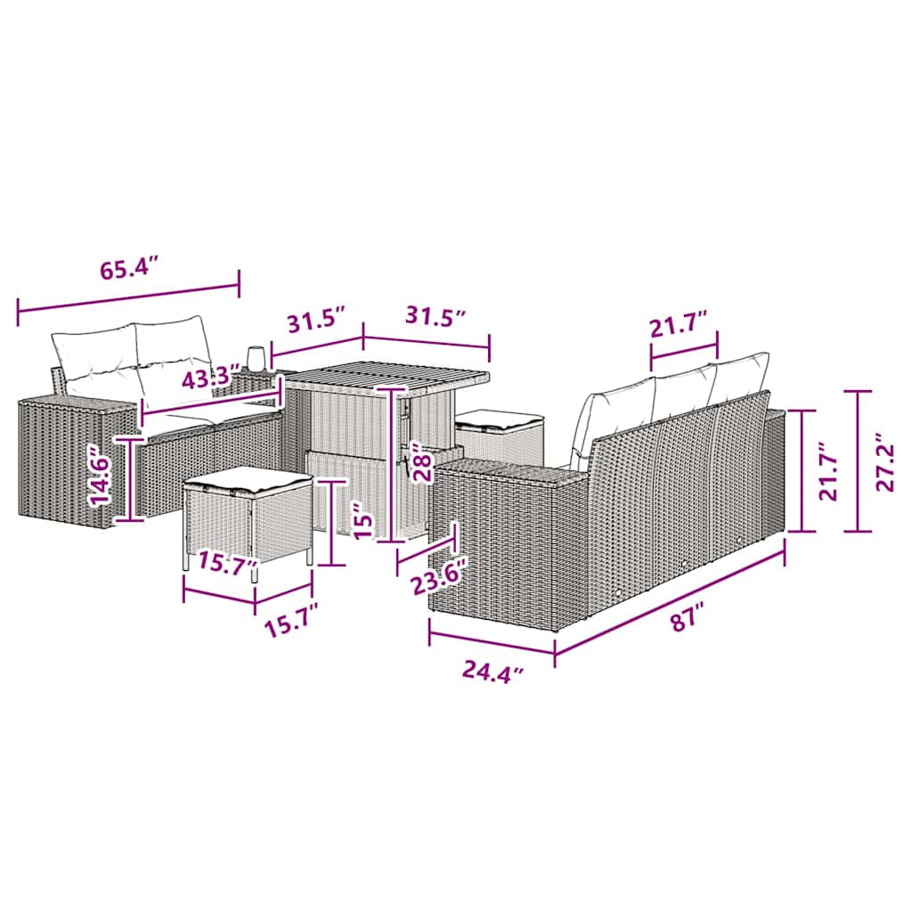 Conjunto de Sofá de Jardim com almofada 8 pcs Preto vime PE