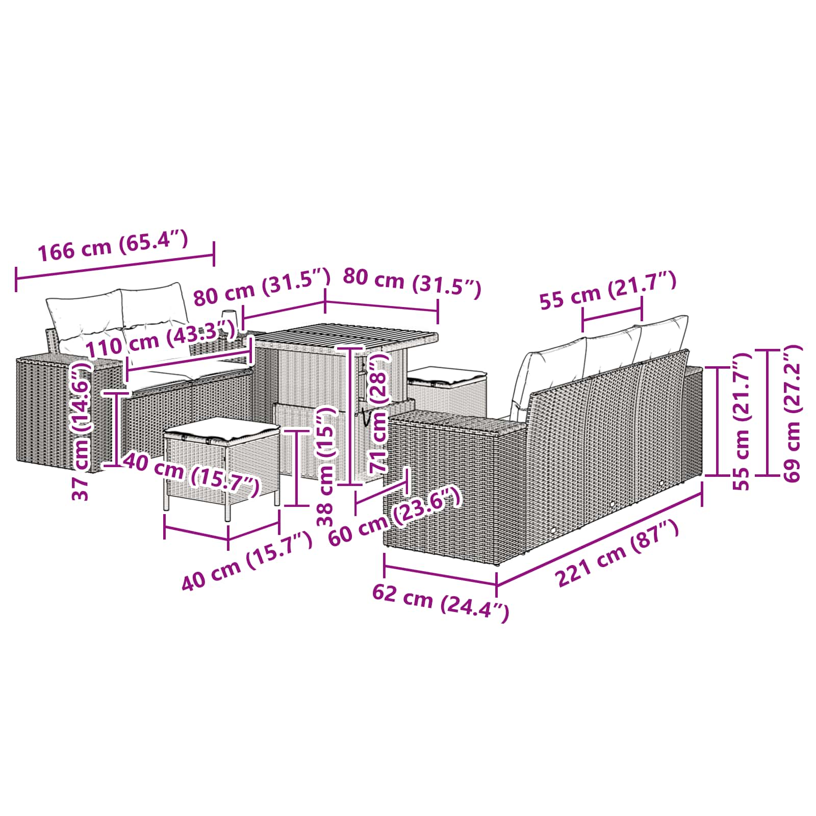 Conjunto de Sofá de Jardim com almofada 8 pcs Preto vime PE