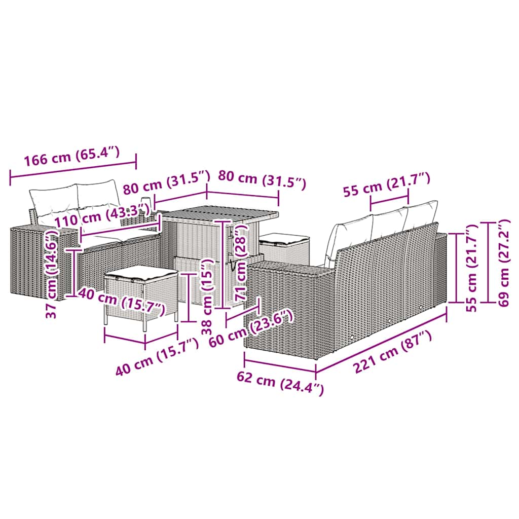 Conjunto de Sofá de Jardim 8 pcs Cinzeto vime PE