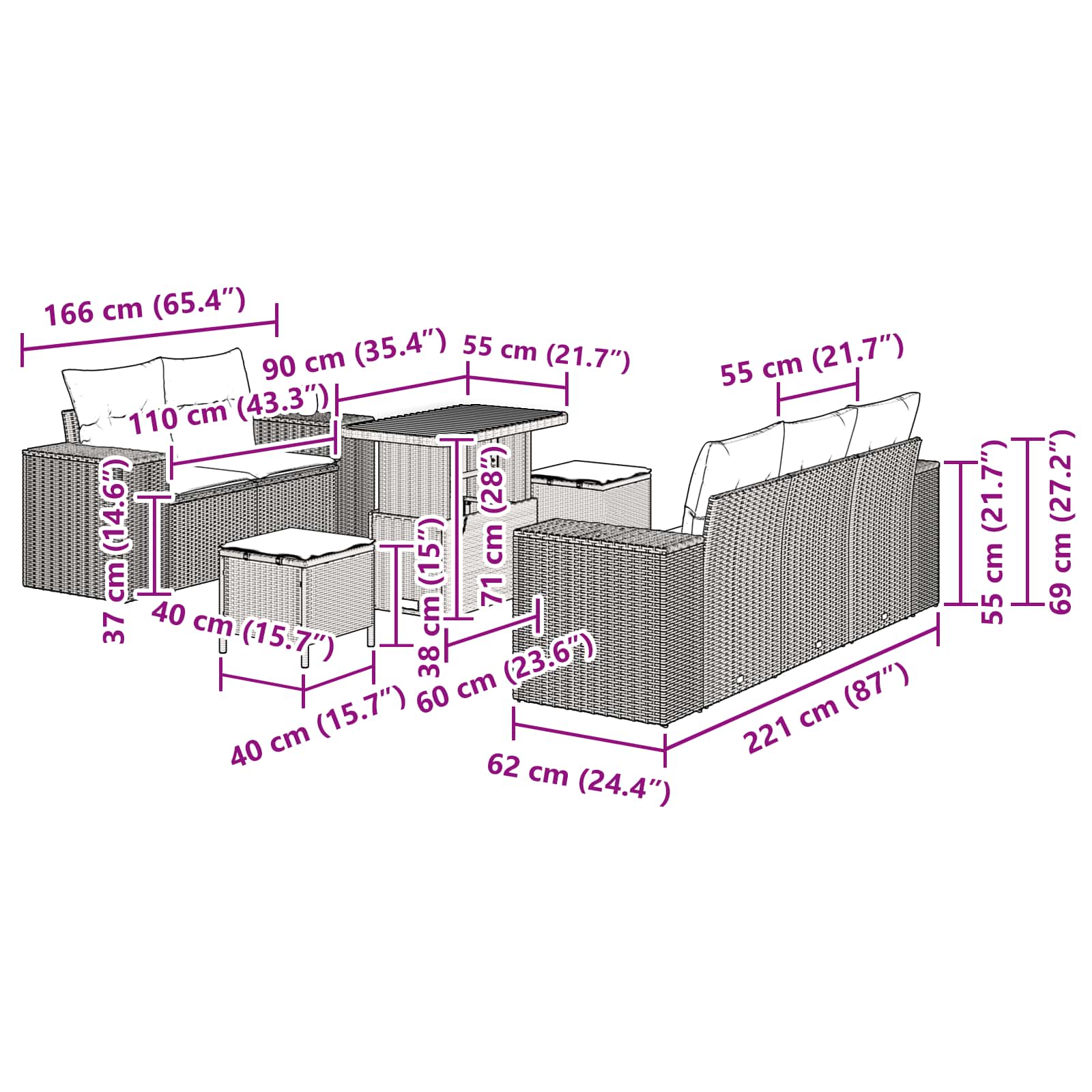Conjunto de Sofá de Jardim com almofada 8 pcs Preto vime PE