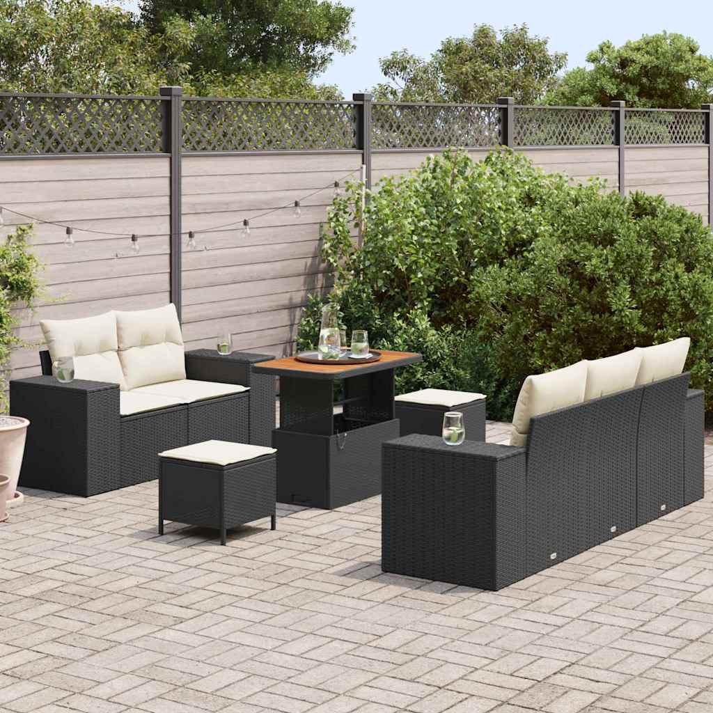 Conjunto de Sofá de Jardim com almofada 8 pcs Preto vime PE