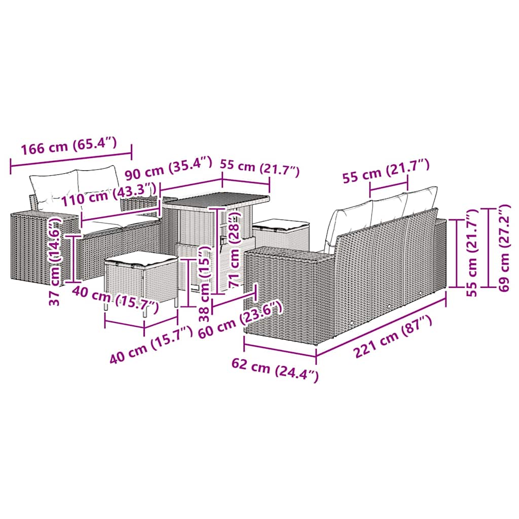 Conjunto de Sofá de Jardim com almofada 8 pcs Preto vime PE