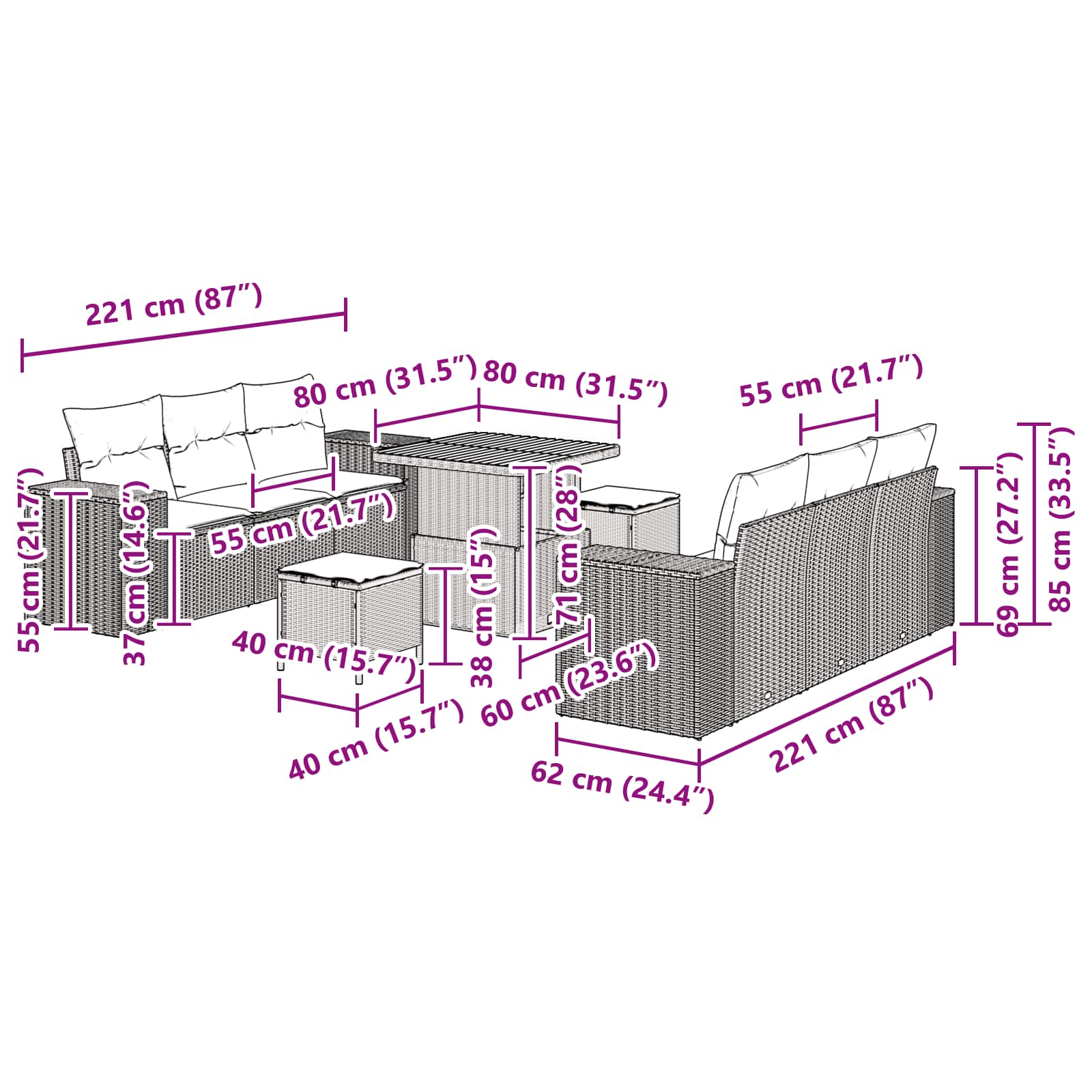 Conjunto de Sofá de Jardim 9 pcs Preto Rattan Sintético