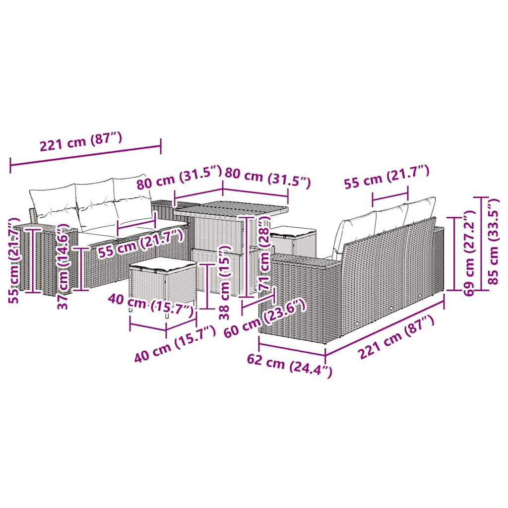 Conjunto de Sofá de Jardim 9 pcs Bege Rattan Sintético