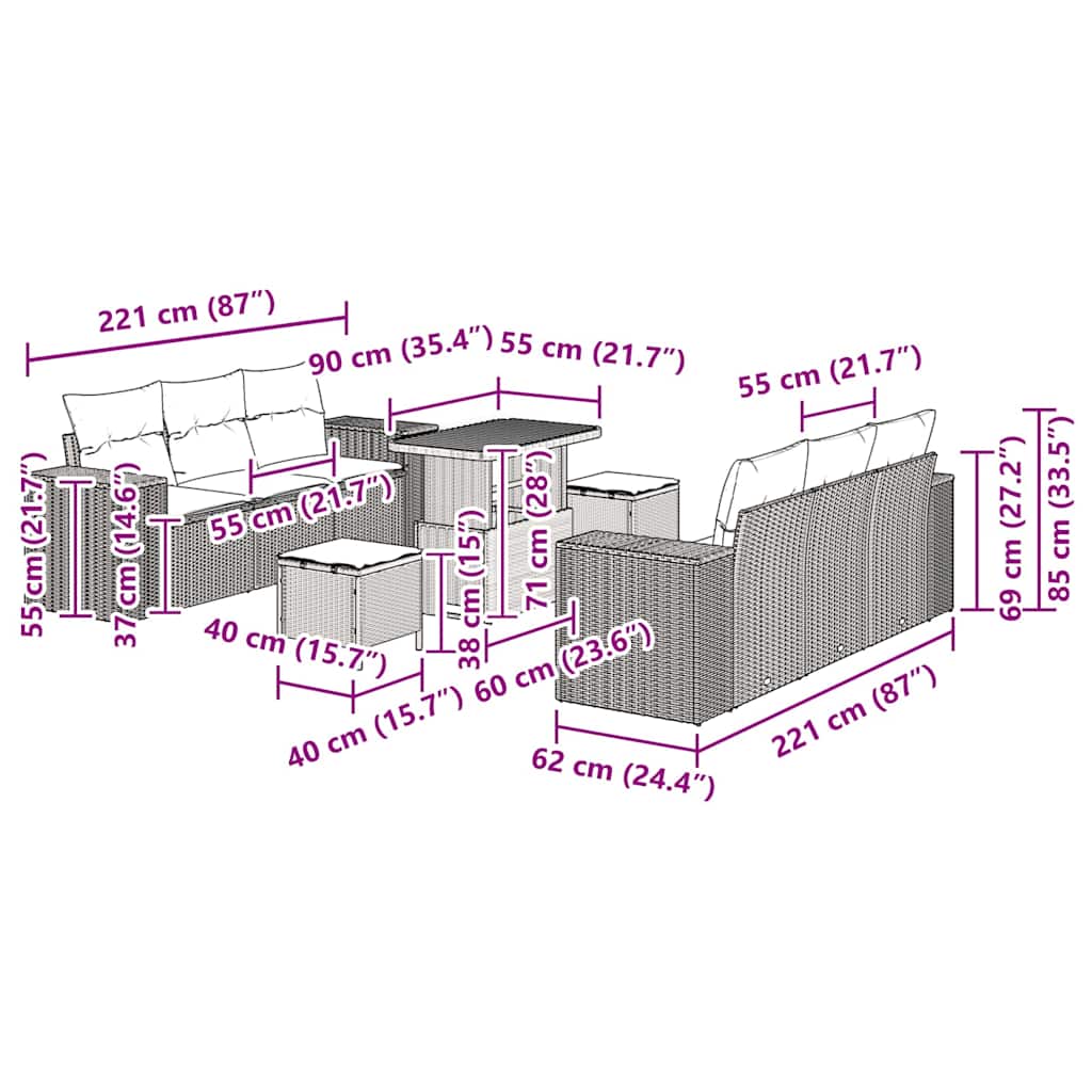 Conjunto de Sofá de Jardim 9 pcs Bege Rattan Sintético