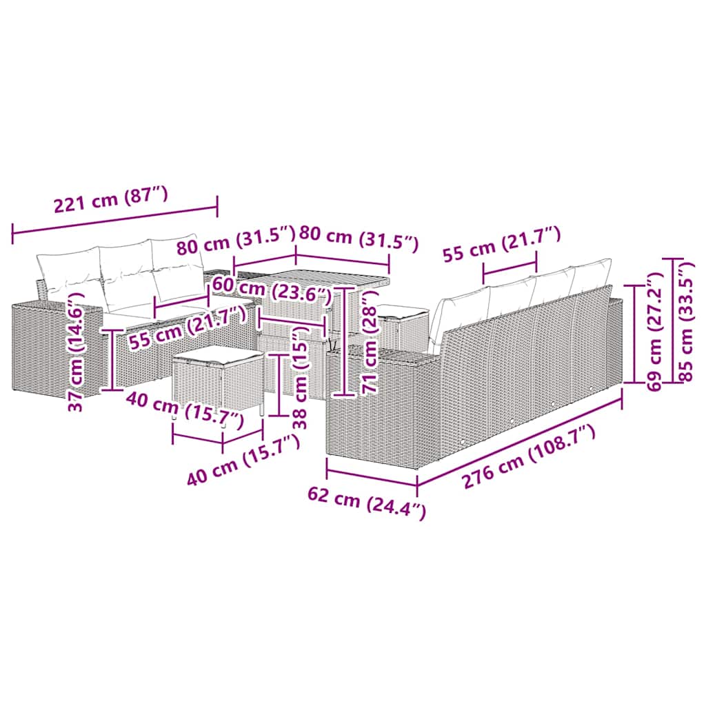 Conjunto de Sofá de Jardim 10 pcs Preto vime PE
