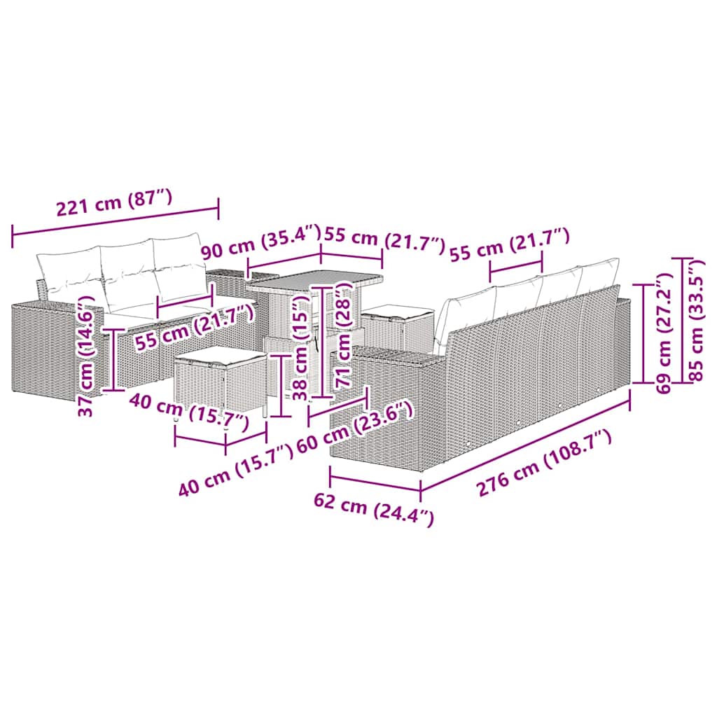Conjunto de Sofá de Jardim 10 pcs Bege vime PE