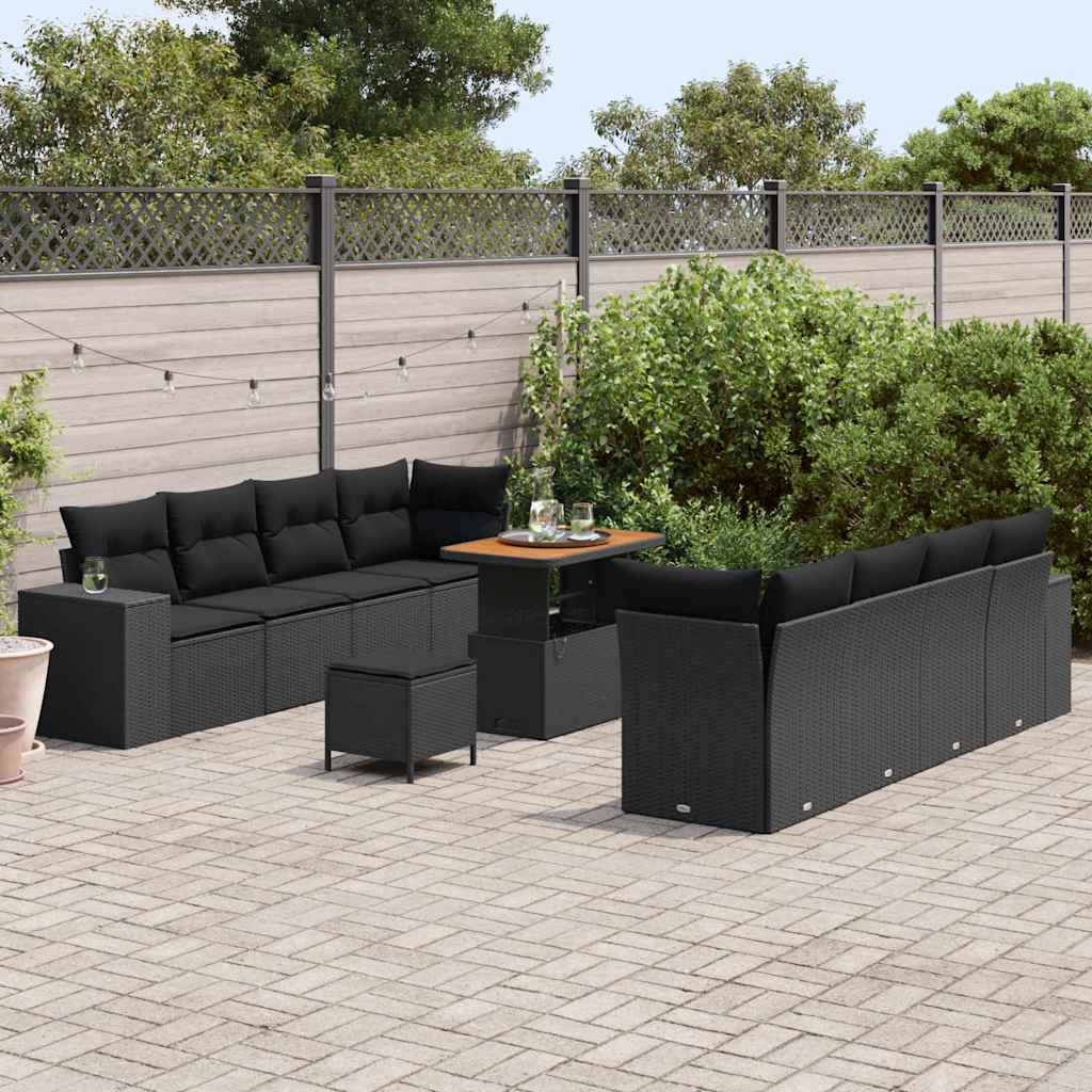 Conjunto de Sofá de Jardim com almofada 11 pcs Preto vime PE