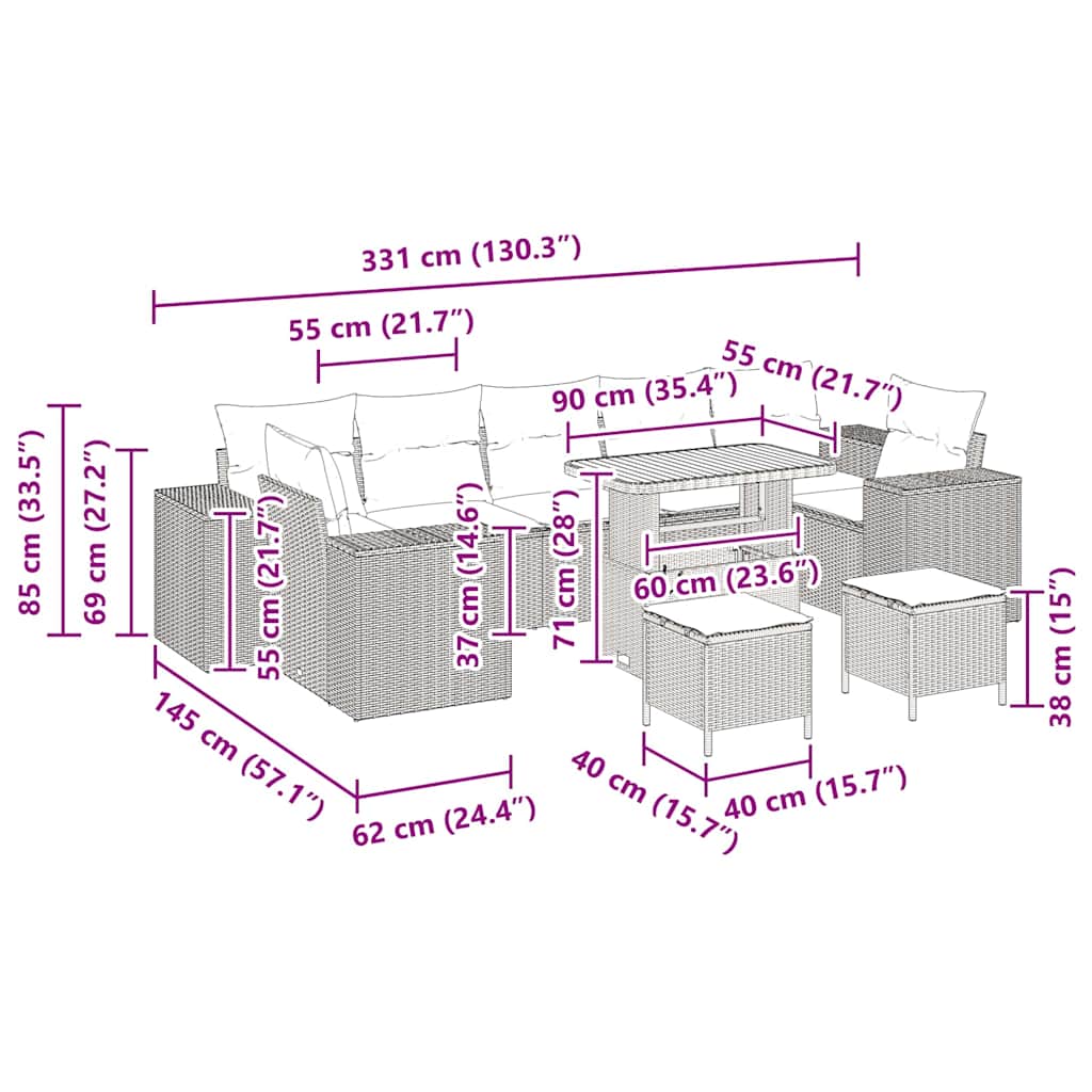 Conjunto de Sofá de Jardim 10 pcs Cinzeto vime PE