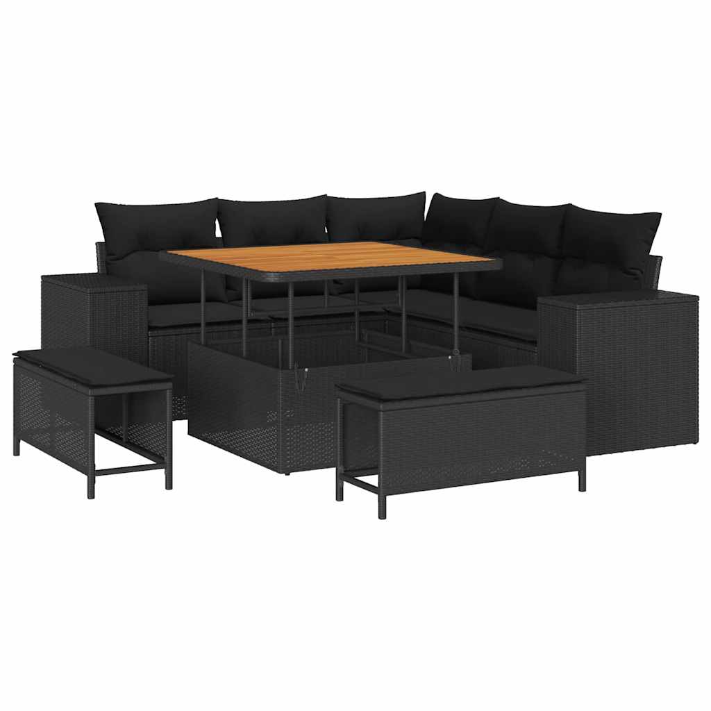 Conjunto de Sofá de Jardim com almofada 8 pcs Preto vime PE