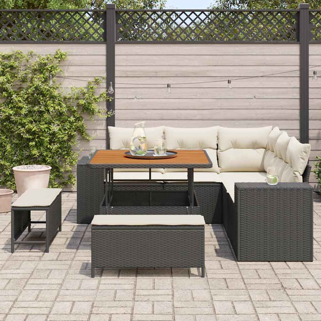 Conjunto de Sofá de Jardim com almofada 8 pcs Preto vime PE