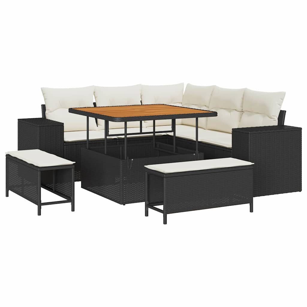 Conjunto de Sofá de Jardim com almofada 8 pcs Preto vime PE