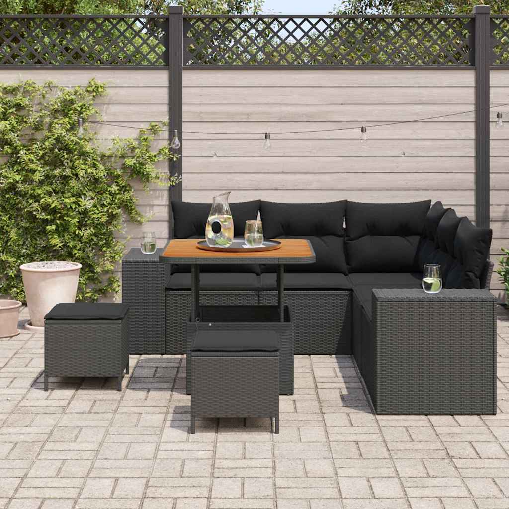 Conjunto de Sofá de Jardim com almofada 8 pcs Preto vime PE