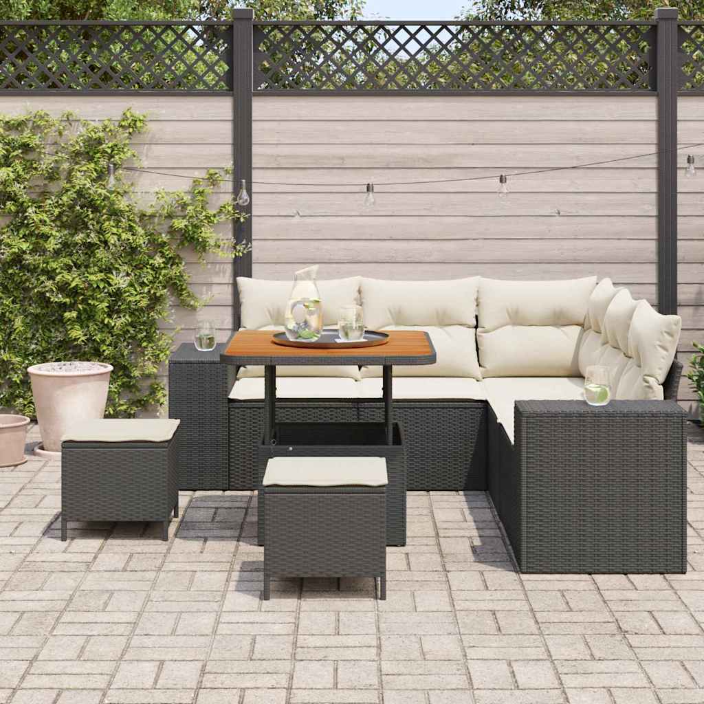 Conjunto de Sofá de Jardim com almofada 8 pcs Preto vime PE