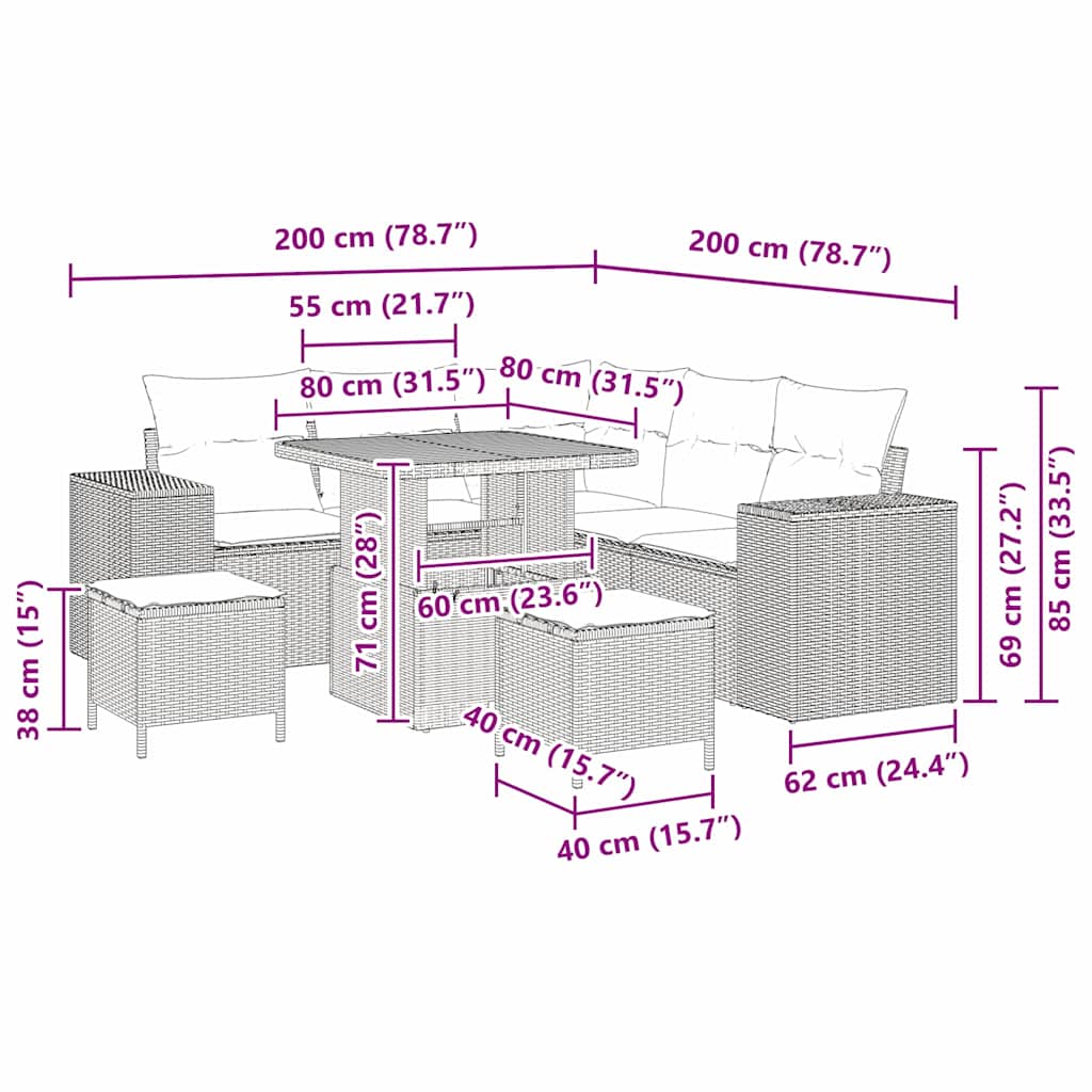 Conjunto de Sofá de Jardim 8 pcs Cinzeto vime PE