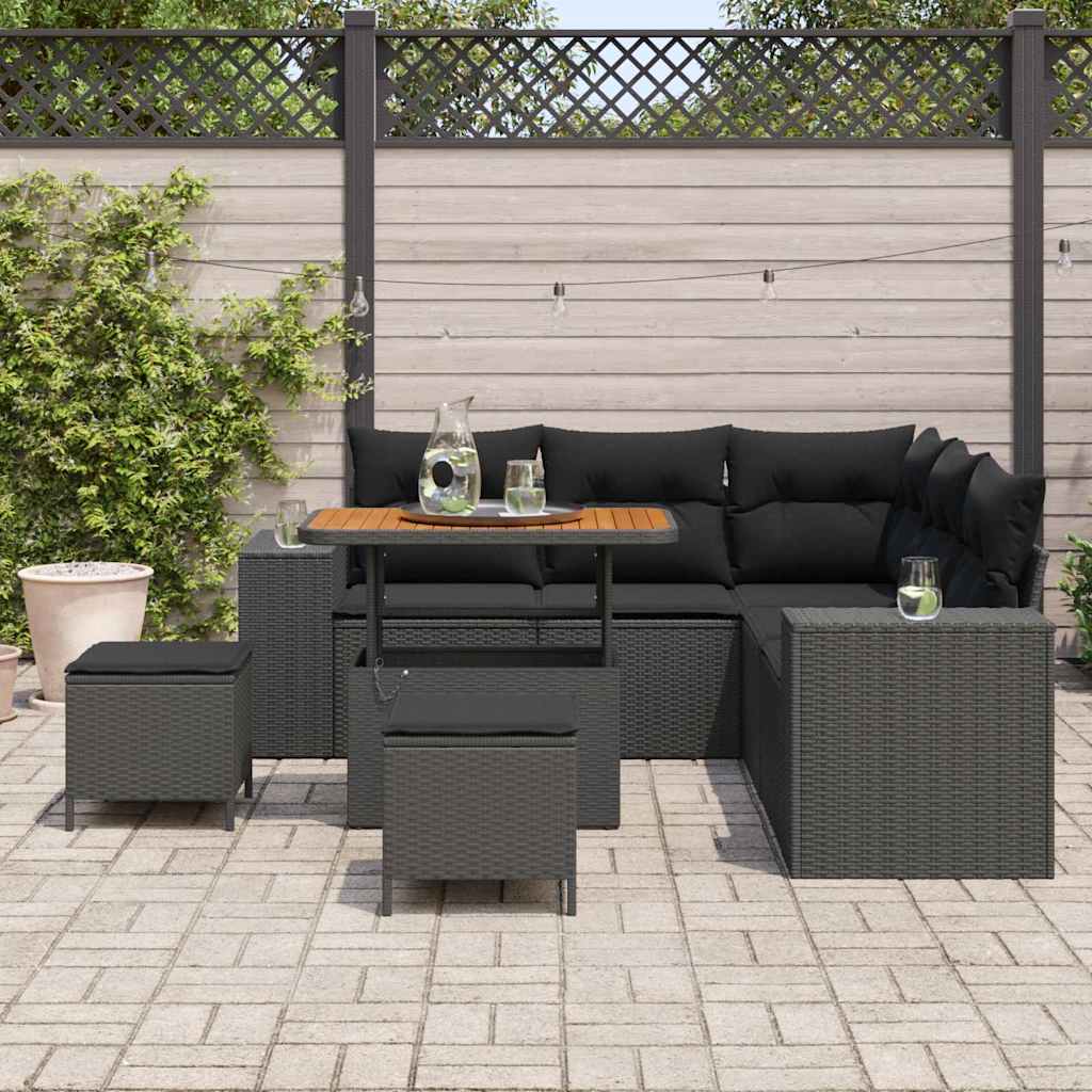 Conjunto de Sofá de Jardim com almofada 8 pcs Preto vime PE
