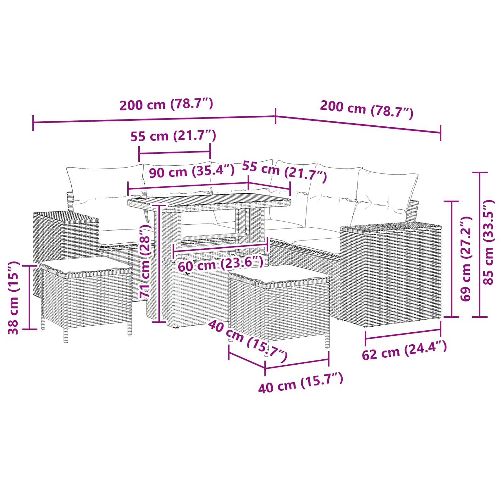 Conjunto de Sofá de Jardim com almofada 8 pcs Preto vime PE
