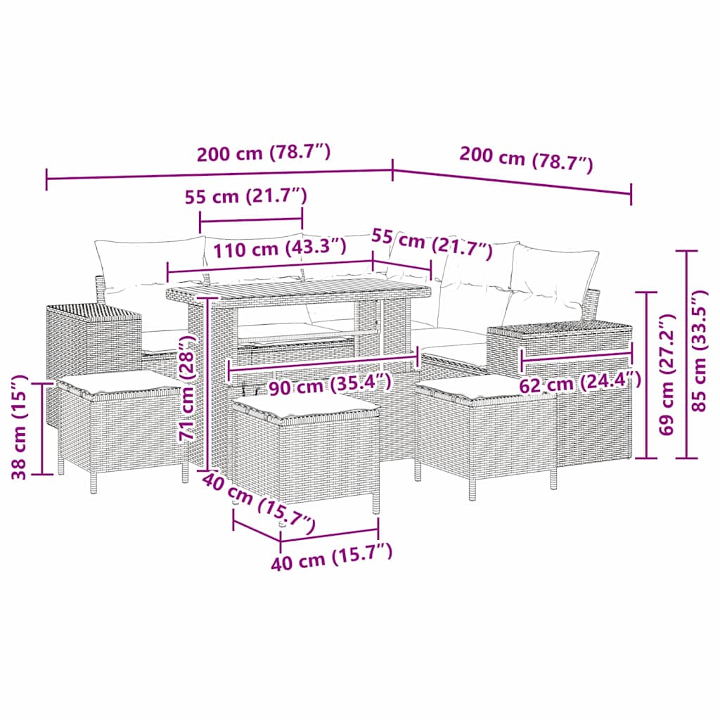 Conjunto de Sofá de Jardim com almofada 9 pcs Cinzeto vime PE