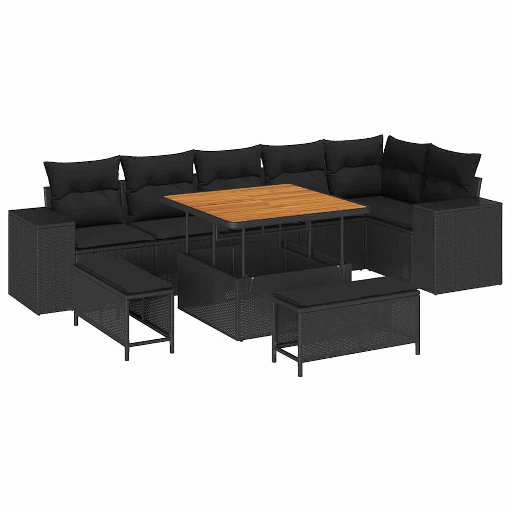 Conjunto de Sofá de Jardim com almofada 9 pcs Preto vime PE