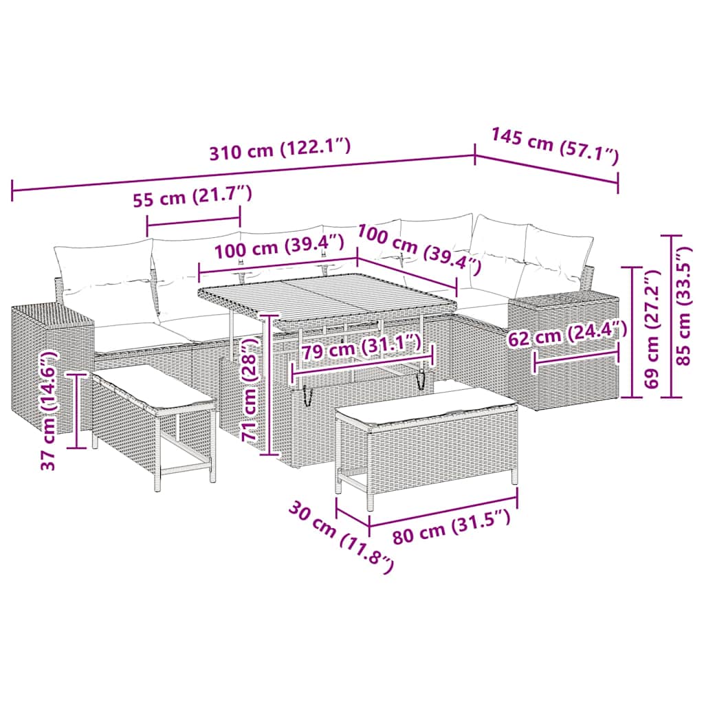 Conjunto de Sofá de Jardim 9 pcs Bege vime PE