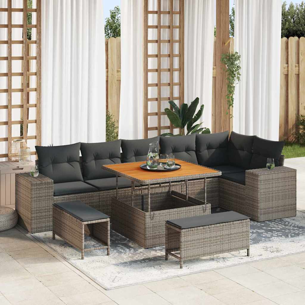 Conjunto de Sofá de Jardim com almofada 9 pcs Cinzeto vime PE