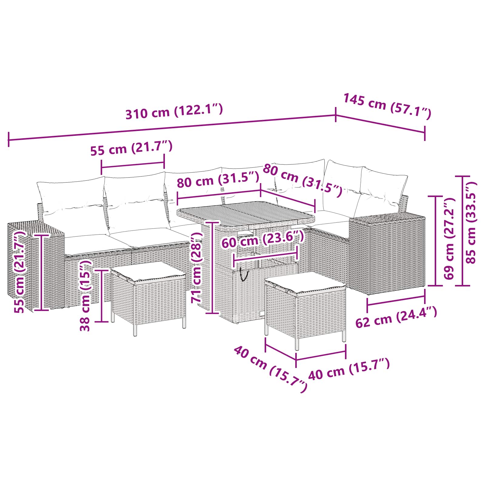Conjunto de Sofá de Jardim 9 pcs Preto vime PE