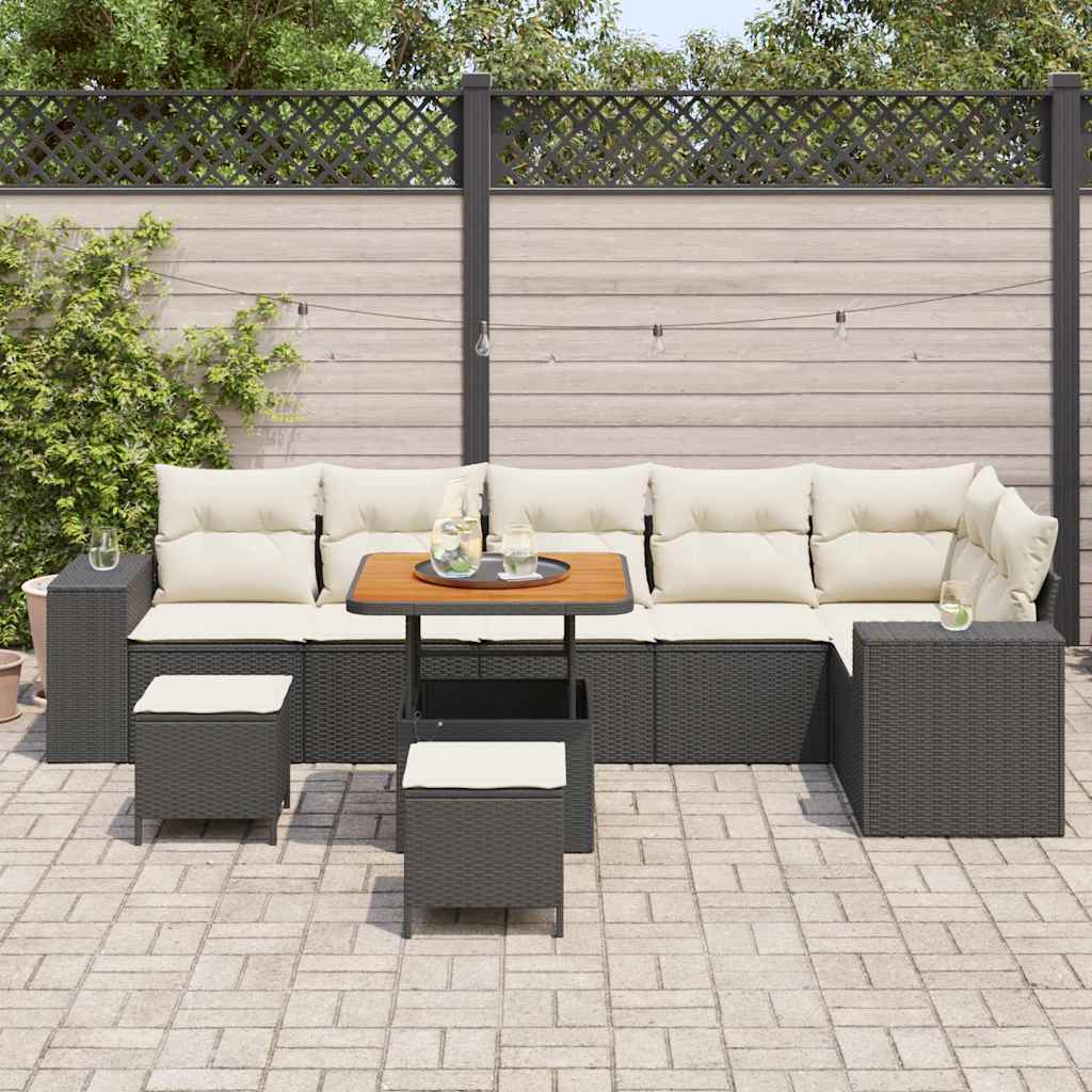 Conjunto de Sofá de Jardim com almofada 9 pcs Preto vime PE