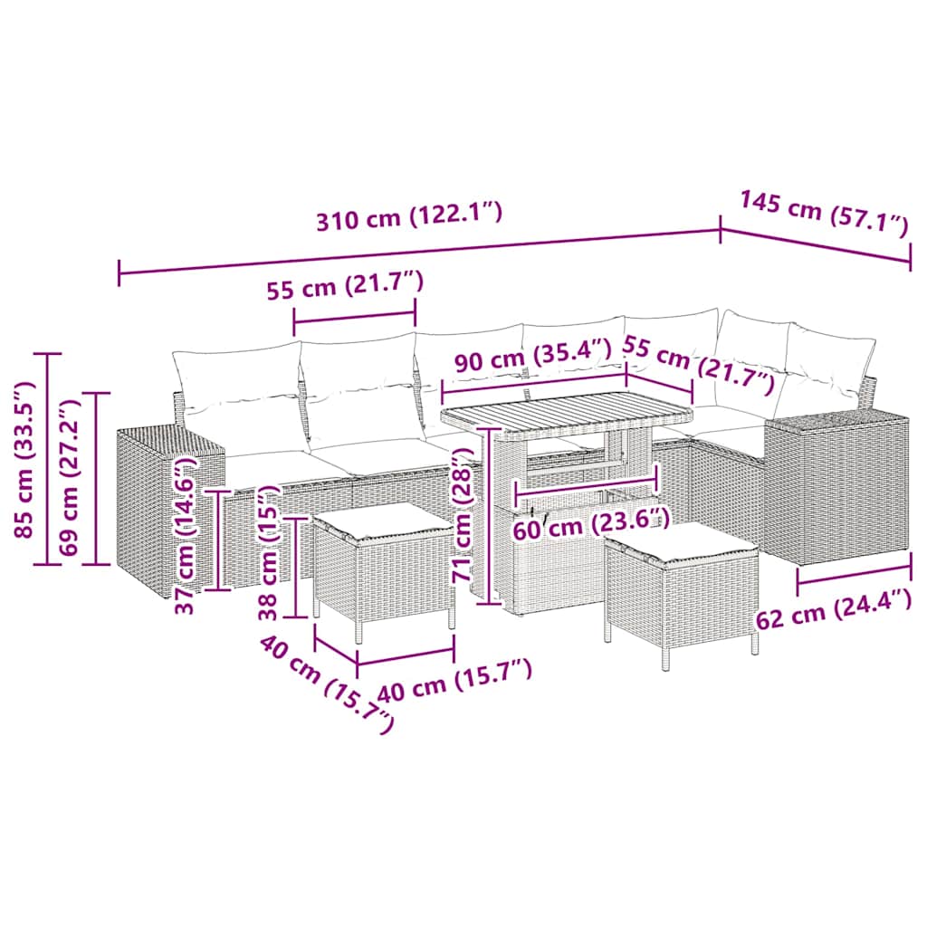 Conjunto de Sofá de Jardim 9 pcs Cinzeto vime PE