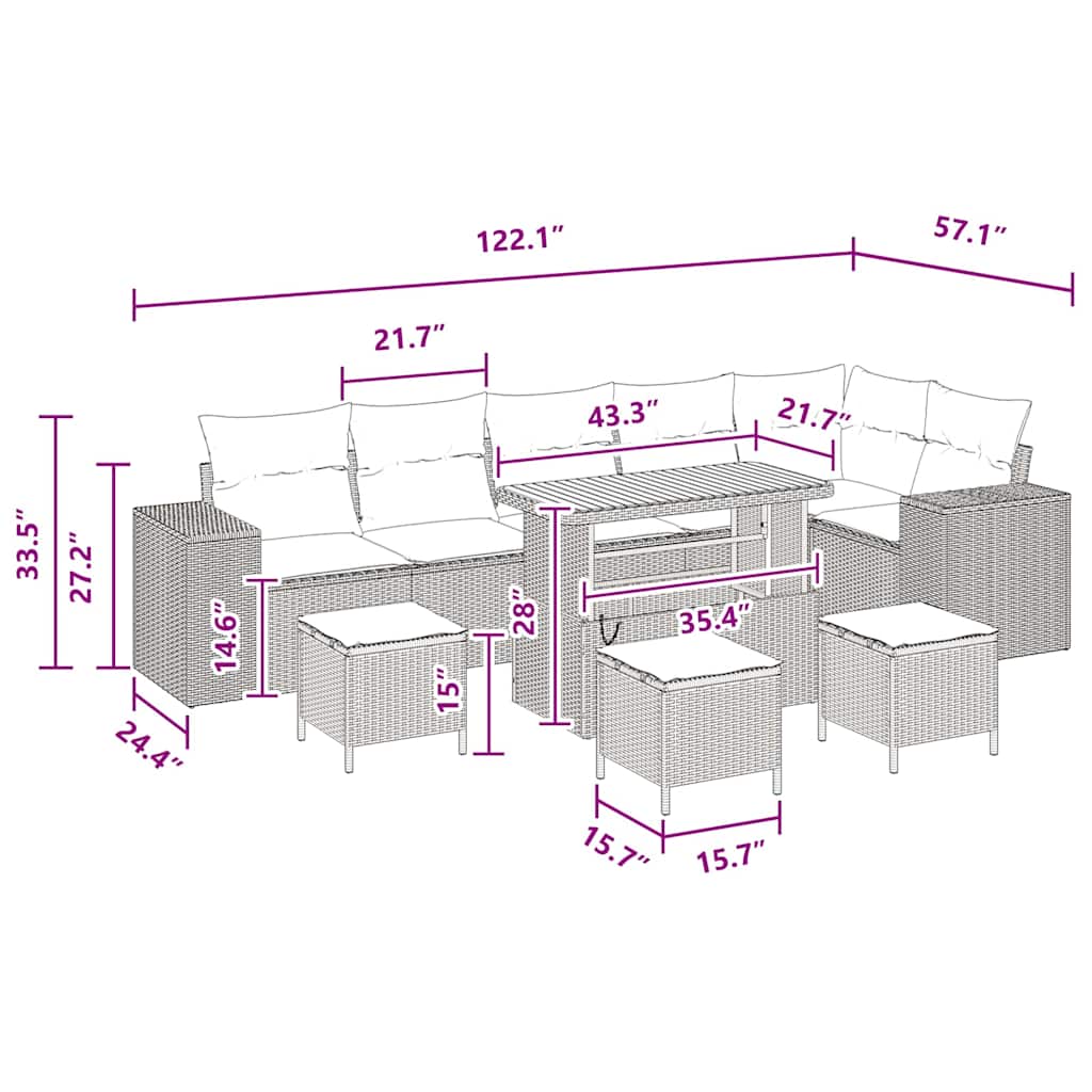 Conjunto de Sofá de Jardim com almofada 10 pcs Preto vime PE