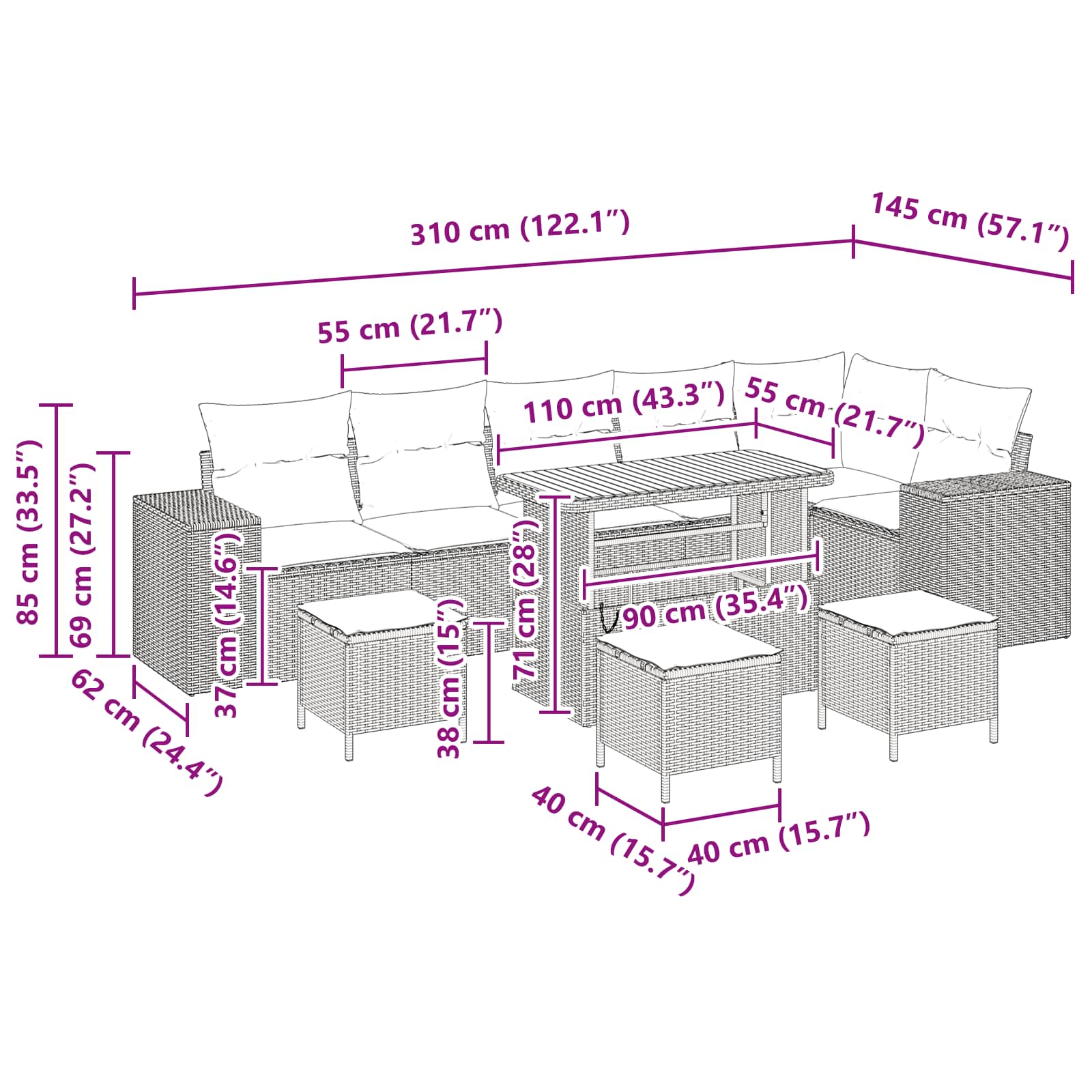 Conjunto de Sofá de Jardim com almofada 10 pcs Preto vime PE
