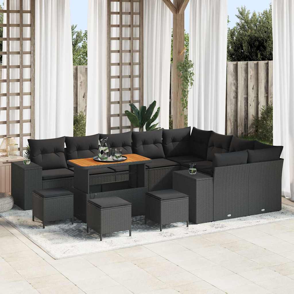Conjunto de Sofá de Jardim com almofada 13 pcs Preto vime PE