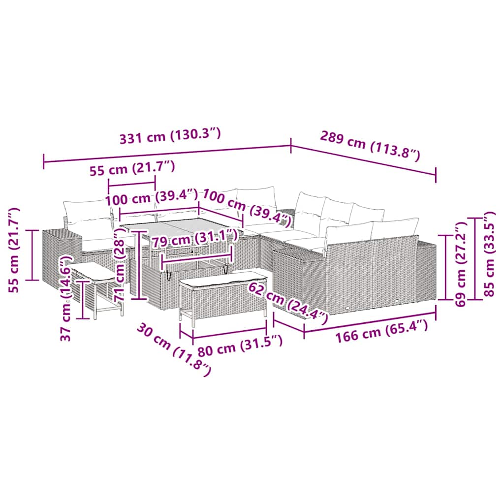 Conjunto de Sofá de Jardim com almofada 13 pcs Cinzeto vime PE