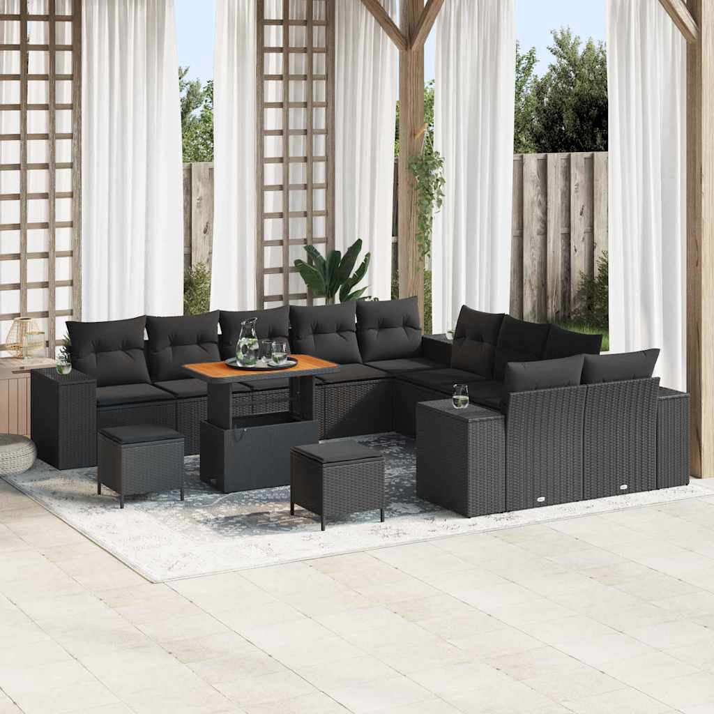 Conjunto de Sofá de Jardim com almofada 13 pcs Preto vime PE